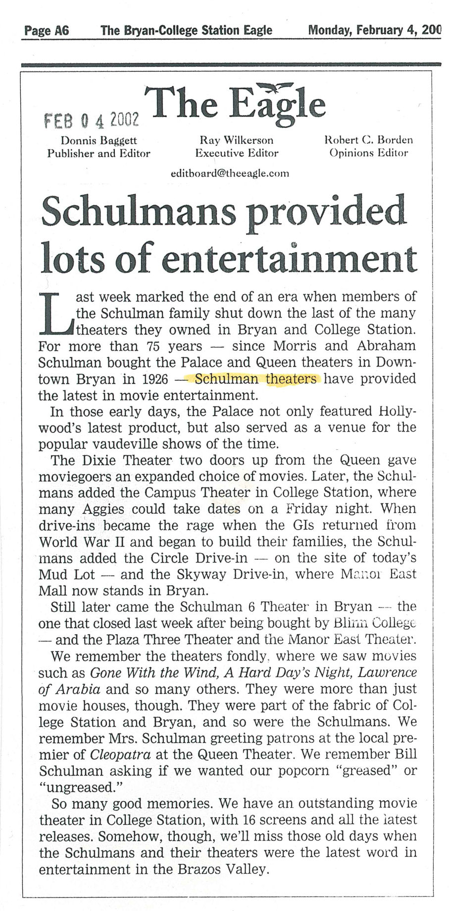 The Eagle Archives: Schulman theaters
